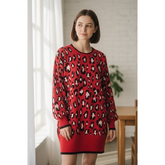 Betsey Johnson Red‎ Leopard Oversized Sweater Dress – Size M Viral Vintage